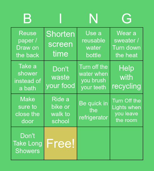 Energy Saving Bingo Card