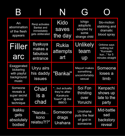 Bleach Bingo Card