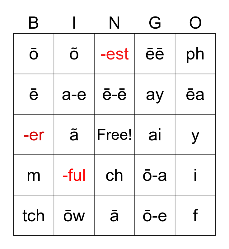 Auditory Drill Bingo Card