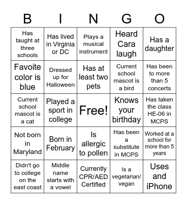 Meet or Hear Bingo Card