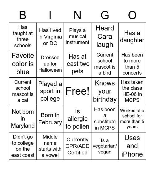Meet or Hear Bingo Card