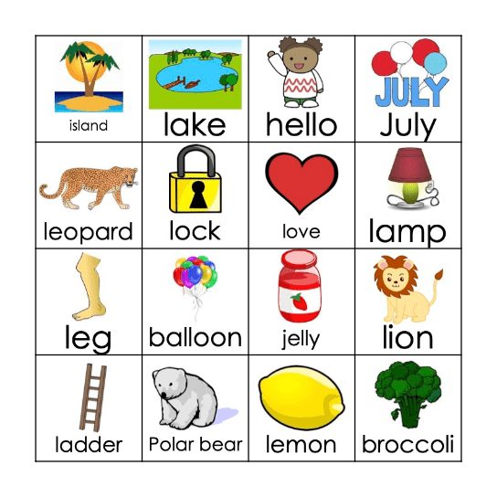 Initial and Medial L Bingo Card