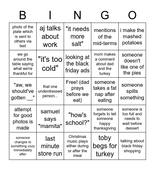 Thanksgiving 2022 Bingo Card