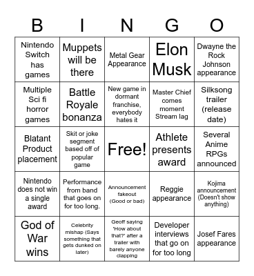 Game Awards Bingo Card