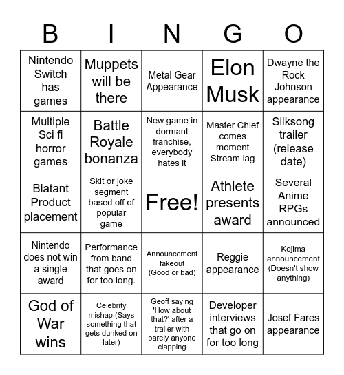 Game Awards Bingo Card