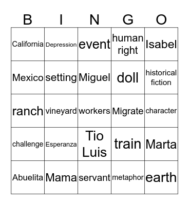 Esperanza Rising Bingo Card
