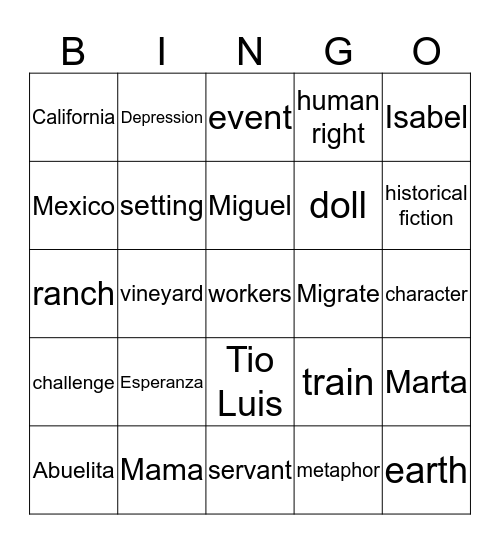 Esperanza Rising Bingo Card