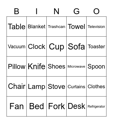 Household Items Bingo Card