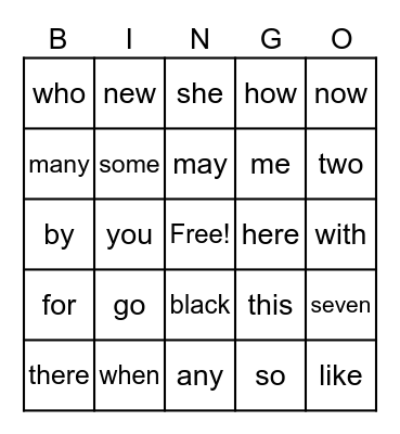 Sight Words Bingo Card