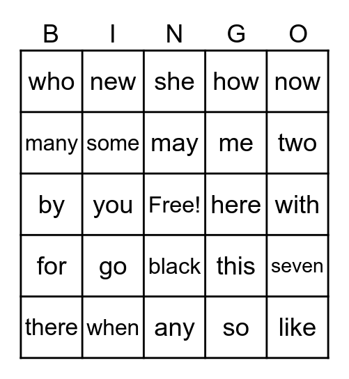 Sight Words Bingo Card