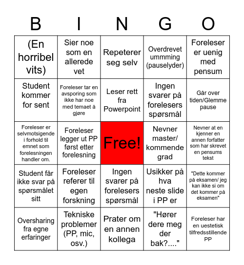 Forelesning Bingo Card