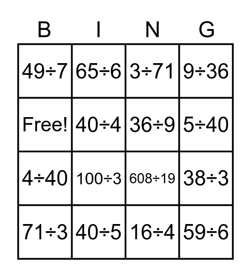 Division Word Problem Equation Match Bingo Card