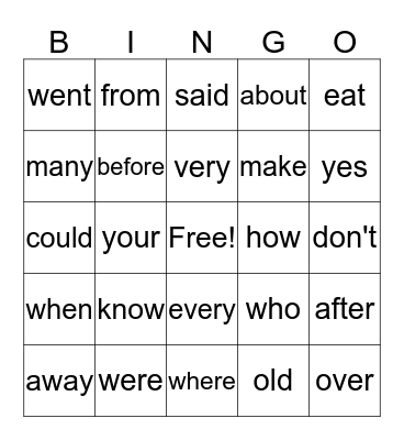 Sight words Bingo Card