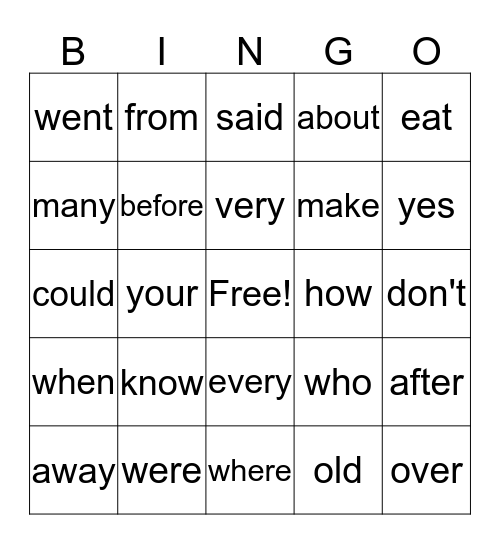 Sight words Bingo Card