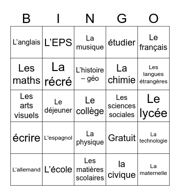 Les cours Bingo Card