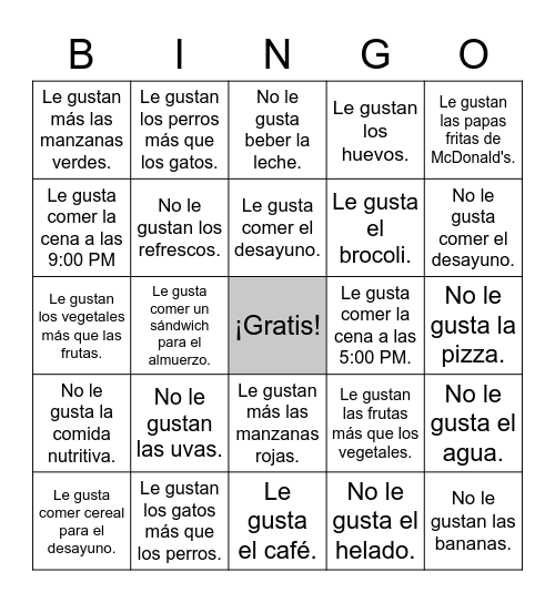 Gustar w/ Nouns Bingo Card