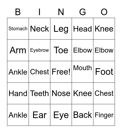 Body Part Bingo Card