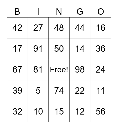 Addition Review Bingo Card