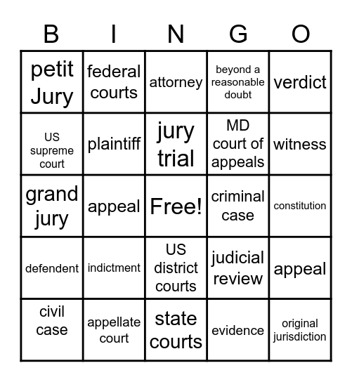 criminal justice vocabulary Bingo Card