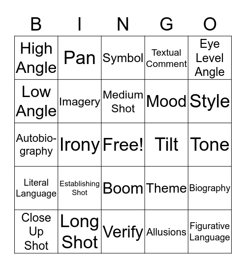 Unit Two Vocabulary Bingo Card