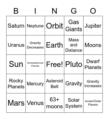 GRAVITY and SOLAR SYSTEM Bingo Card