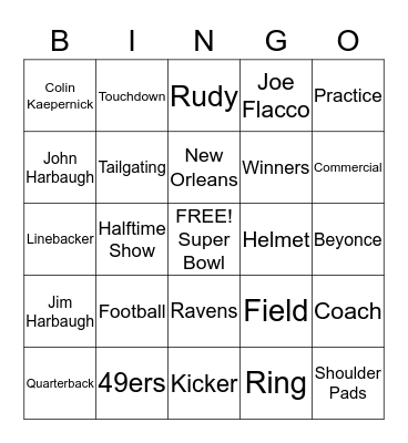 Super Bowl Bingo Card