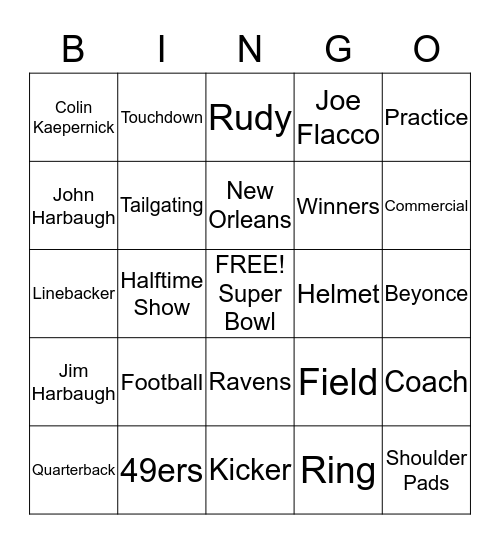 Super Bowl Bingo Card