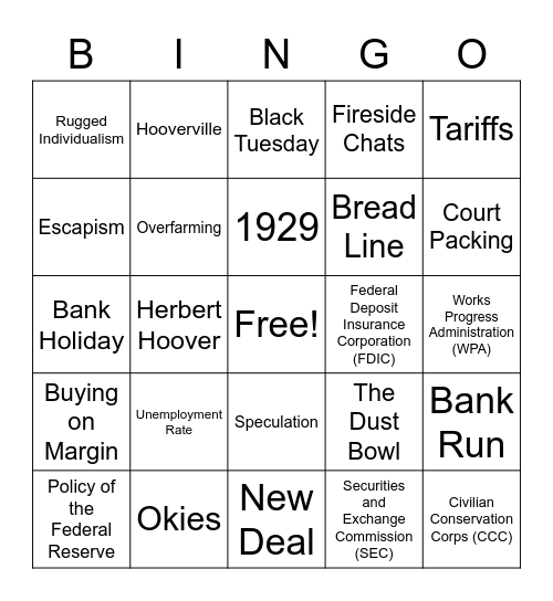 Great Depression Bingo Card