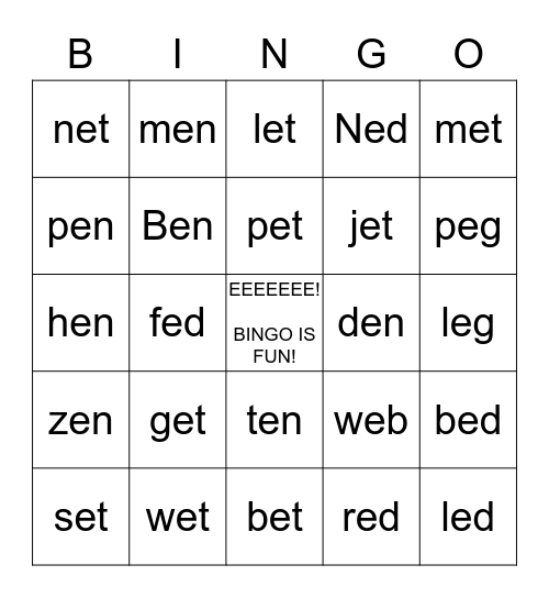 Short 'E' Bingo Card