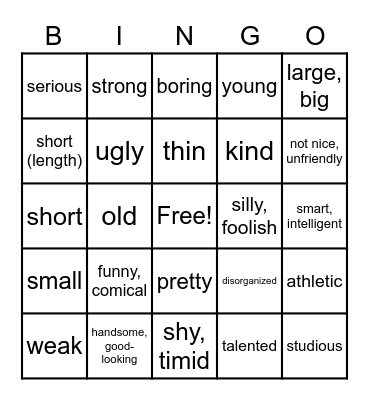 Descriptions Bingo Card