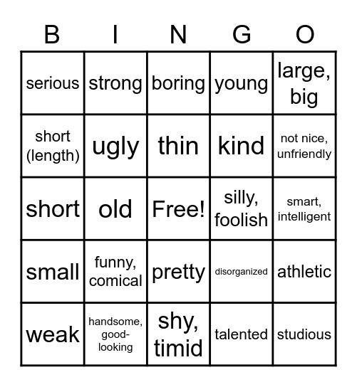 Descriptions Bingo Card