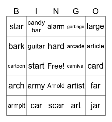 initial, medial, and final /ar/ Bingo Card