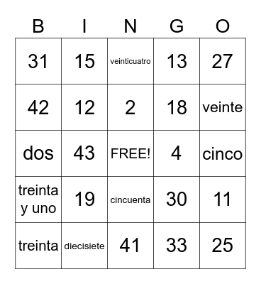 Los Numeros en Espanol! Bingo Card