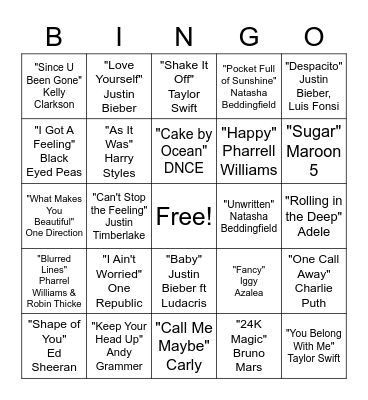 Pop Hits Bingo Card