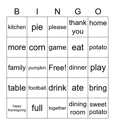 Thanksgiving Vocab Bingo Card