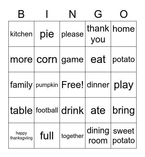 Thanksgiving Vocab Bingo Card