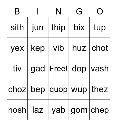 Nonsense Words Bingo Card