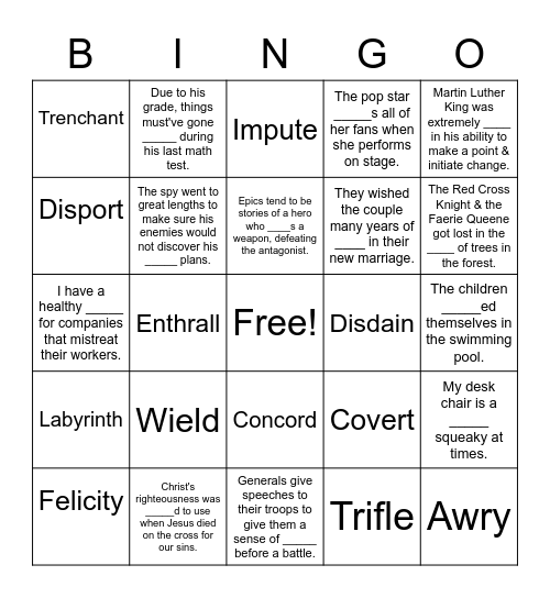 12ENG Vocab Quiz 4 Bingo Card