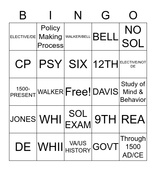 GCHS History Department BINGO Card