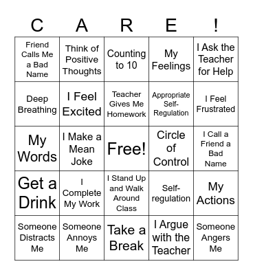 Self-Control and Self-Regulation Bingo Card