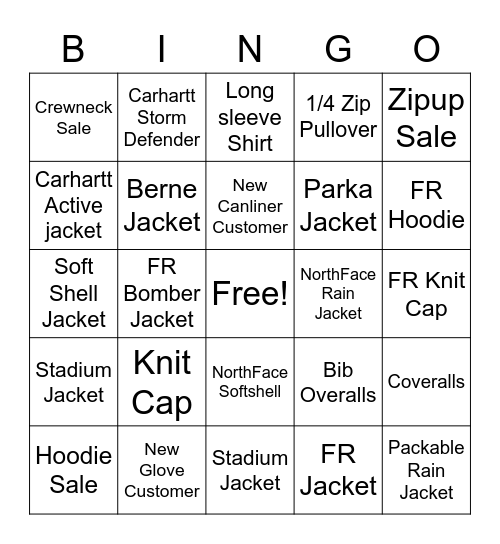 Outerwear Bingo Card