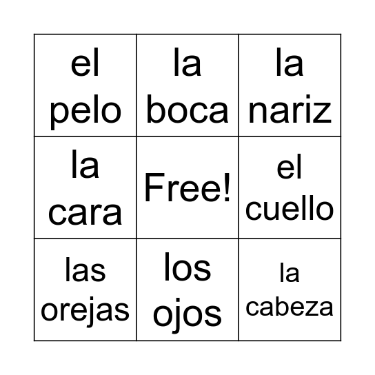 Bingo - Partes de la cara Bingo Card