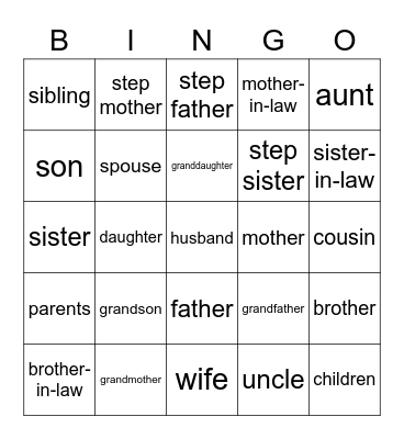 Family Members Bingo Card