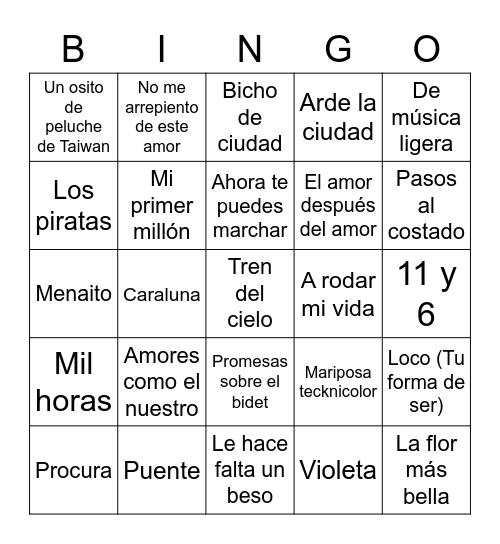 Bingo Musical Bingo Card