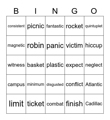 2 and 3 Syllable Words Bingo Card