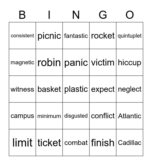 2 and 3 Syllable Words Bingo Card