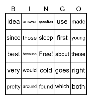 2nd grade sight words Bingo Card