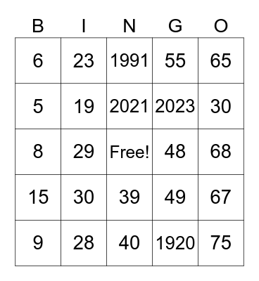 Number Bingo 1-75 Bingo Card