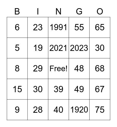 Number Bingo 1-75 Bingo Card
