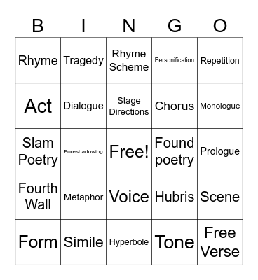 Poetry & Drama Bingo Card